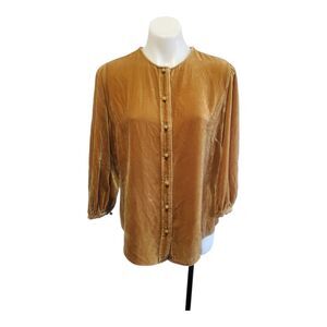 Soft Surroundings Velvet Button Front Blouse Silk Golden Yellow 3/4 Sleeve Med